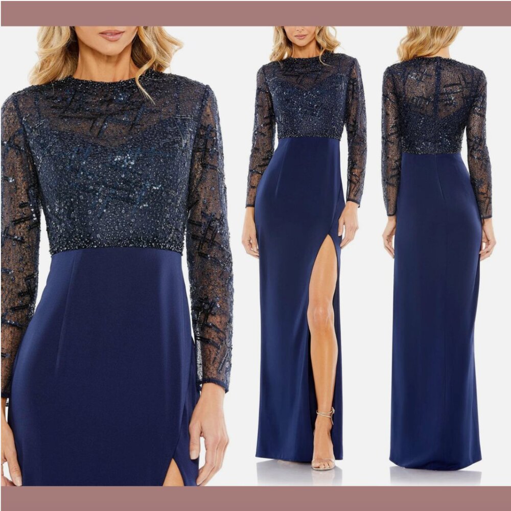 NWT $598 Mac Duggal [ 12 ] Embellished High Neck Bodice Faux Wrap Gown Blue Q730